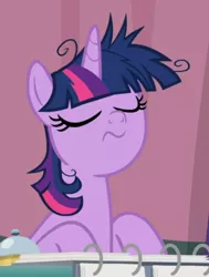 Size: 588x776 | Tagged: safe, derpibooru import, screencap, twilight sparkle, twilight sparkle (alicorn), alicorn, pony, a trivial pursuit, calm, cropped, eyes closed, messy mane, sitting, solo, twilight snapple