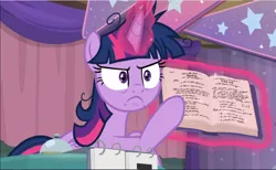 Size: 1528x942 | Tagged: safe, derpibooru import, screencap, twilight sparkle, twilight sparkle (alicorn), alicorn, pony, a trivial pursuit, book, cropped, glowing horn, horn, levitation, magic, messy mane, pointing, solo, telekinesis