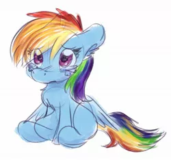 Size: 2082x1946 | Tagged: safe, artist:littleblackraencloud, derpibooru import, rainbow dash, pegasus, pony, chest fluff, crying, cute, dashabetes, ear fluff, female, filly, filly rainbow dash, sad, sadorable, simple background, sitting, solo, teary eyes, white background, younger