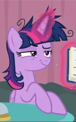 Size: 589x940 | Tagged: safe, derpibooru import, screencap, twilight sparkle, twilight sparkle (alicorn), alicorn, pony, a trivial pursuit, bell, cropped, female, folded wings, glowing horn, hooves on the table, horn, levitation, magic, magic aura, mare, messy mane, narrowed eyes, raised eyebrow, rule book, rules, sin of greed, sitting, smiling, smirk, smug, smuglight sparkle, solo, telekinesis, twilight snapple, twilighting, wings