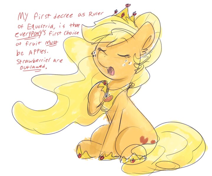 Size: 3840x3200 | Tagged: safe, artist:littleblackraencloud, derpibooru import, applejack, earth pony, pony, apple, applebetes, cheek fluff, crown, cute, dialogue, ear fluff, eyes closed, female, food, high res, hoof shoes, jackabetes, jewelry, mare, open mouth, peytral, princess applejack, regalia, silly, silly pony, sitting, solo, that pony sure does hate strawberries, that pony sure does love apples, who's a silly pony