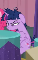 Size: 400x636 | Tagged: safe, derpibooru import, screencap, twilight sparkle, twilight sparkle (alicorn), alicorn, pony, a trivial pursuit, cropped, crossed hooves, floppy ears, messy mane, narrowed eyes, offscreen character, pouting, sitting, solo