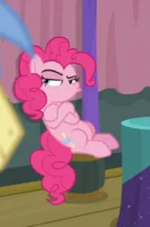 Size: 232x349 | Tagged: safe, derpibooru import, screencap, pinkie pie, earth pony, pony, a trivial pursuit, cropped, crossed hooves, cute, cutie mark, displeased, faic, female, leaning back, mare, narrowed eyes, offscreen character, pinkie pie is not amused, pouting, raised eyebrow, sitting, solo focus, trivia trot, unamused