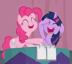 Size: 921x820 | Tagged: safe, derpibooru import, screencap, pinkie pie, twilight sparkle, twilight sparkle (alicorn), alicorn, earth pony, pony, a trivial pursuit, cropped, cute, diapinkes, duo, eyes closed, female, floppy ears, laughing, mare, messy mane, open mouth, raised hoof, twiabetes