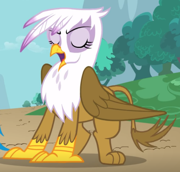 Size: 1049x1000 | Tagged: safe, derpibooru import, screencap, gilda, gryphon, griffon the brush off, beak, cropped, eyes closed, female, folded wings, image, open beak, open mouth, png, solo, standing, tail, talking, wings