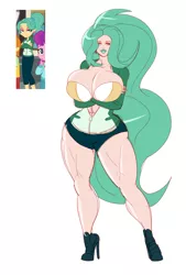 Size: 2098x3102 | Tagged: suggestive, artist:annon, derpibooru import, garden grove, human, equestria girls, abs, absolute cleavage, arms folded, before and after, big breasts, big hair, bimbo, breasts, busty garden grove, casual, cleavage, clothes, crossed arms, ear piercing, earring, female, green lipstick, huge breasts, humanized, jacket, jewelry, muscles, orange eyeshadow, piercing, shoes, shorts, simple background, sneakers, solo, solo female, stupid sexy garden grove, thighs, white background