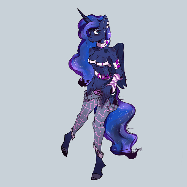 Size: 1024x1024 | Tagged: alicorn, anthro, armpits, artist:dasty-g, breasts, clothes, derpibooru import, ear piercing, lidded eyes, pants, piercing, princess luna, simple background, solo, suggestive, unguligrade anthro