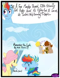 Size: 3500x4500 | Tagged: safe, artist:becauseimpink, derpibooru import, fluttershy, gilda, rainbow dash, gryphon, pegasus, pony, comic:transition, butterscotch, cloud, colt, comic, dialogue, eyes closed, female, filly, filly fluttershy, filly rainbow dash, frown, guilder, male, open mouth, rainbow blitz, rule 63, smiling, transgender, younger