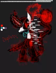 Size: 888x1150 | Tagged: safe, artist:didun850, derpibooru import, oc, oc:steel wing, pony, shadow pony, unicorn, black sclera, corrupted, dark background, glitch art, glowing eyes, glowing horn, horn, male, possessed, sharp teeth, slit eyes, stallion, teeth, tongue out