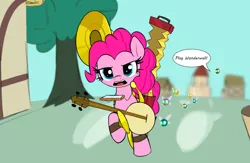 Size: 3892x2544 | Tagged: safe, artist:wenni, derpibooru import, earth pony, parasprite, pony, series:pony re-watch, swarm of the century, accordion, anyways here's wonderwall, banjo, cymbals, dialogue, female, harmonica, heckling, mare, musical instrument, one-pony band, open mouth, ponyville, scene interpretation, solo focus, sousaphone, tambourine, wonderwall