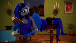 Size: 1920x1080 | Tagged: 3d, alicorn, anthro, artist:nightblood, book, candle, clothes, derpibooru import, half, hat, high heels, magic trick, magic wand, modular, oc, oc:nightblood eclipse, plant, plantigrade anthro, safe, saw, shoes, socks, solo, source filmmaker, striped socks, unofficial characters only