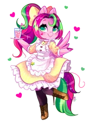 Size: 800x1088 | Tagged: anthro, anthro oc, arm hooves, artist:ipun, boots, bow, clothes, derpibooru import, deviantart watermark, dress, female, hair bow, heart, maid, mare, nail polish, obtrusive watermark, oc, oc:precious metal, pegasus, ponytail, safe, shoes, simple background, socks, solo, transparent background, unguligrade anthro, unofficial characters only, watermark