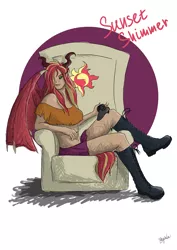 Size: 3508x4961 | Tagged: safe, artist:minegirl007, artist:shyinka, derpibooru import, sunset shimmer, demon, human, original species, equestria girls, belly button, black sclera, boots, chair, clothes, colored sclera, combat boots, controller, custom colors, customization, dark magic, elf ears, female, gamer sunset, horn, horned humanization, horns, humanized, looking at you, magic, midriff, miniskirt, shoes, short shirt, skirt, solo, sunset satan, tailed humanization, thighs, throne, winged humanization, wings
