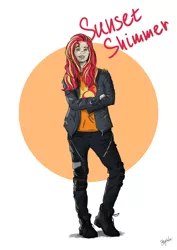 Size: 3508x4961 | Tagged: safe, artist:minegirl007, artist:shyinka, derpibooru import, sunset shimmer, human, equestria girls, equestria girls series, alternate hairstyle, belt buckle, boots, bust, clothes, crossed arms, custom, custom colors, customized, cutie mark, cutie mark on human, drawing, eyebrow piercing, fanart, fanfic art, female, graphic design, humanized, irl, jacket, leather jacket, lip piercing, loose fitting clothes, loose hair, normal skin color, painting, pale skin, photo, piercing, portrait, punk, red hair, shoes, smiling, smiling at you, solo, standing, toy