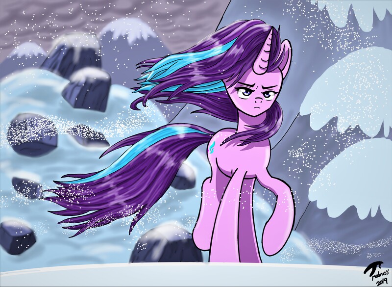 Size: 11533x8436 | Tagged: safe, artist:brekrofmadness, derpibooru import, starlight glimmer, pony, the ending of the end, absurd resolution, badass, scene interpretation, snow, solo