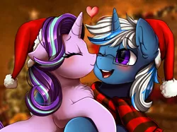 Size: 2379x1783 | Tagged: safe, artist:pridark, derpibooru import, starlight glimmer, oc, pony, unicorn, blushing, bust, canon x oc, chest fluff, christmas, clothes, commission, eyes closed, female, glasses, hat, heart, holiday, kissing, lucky, mare, not trixie, one eye closed, portrait, santa hat, scarf