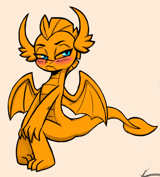 Size: 747x827 | Tagged: artist:soulcentinel, blushing, claws, cute, derpibooru import, dragon, dragoness, explicit source, female, horns, orange background, pouting, safe, simple background, sitting, smolder, smolderbetes, solo, spread wings, toes, wings