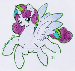 Size: 1280x1201 | Tagged: safe, artist:fluffle-nova, derpibooru import, oc, unofficial characters only, alicorn, pony, adopted offspring, deviantart watermark, female, obtrusive watermark, offspring, parent:oc, parent:princess flurry heart, solo, traditional art, watermark
