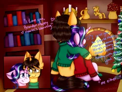 Size: 2000x1500 | Tagged: safe, artist:spedoodle, derpibooru import, starlight glimmer, oc, pony, unicorn, bookshelf, canon x oc, christmas, christmas tree, clothes, dialogue, female, fireplace, glasses, holiday, looking at each other, male, shipping, smiling, straight, sweater, tree