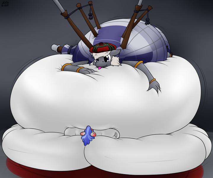 Size: 3514x2934 | Tagged: questionable, artist:the-furry-railfan, derpibooru import, oc, oc:hylund, oc:white, unofficial characters only, anthro, dragon, original species, pegasus, bagpipe dragon, bagpipes, belly, belly bed, big belly, blushing, blushing ears, blushing profusely, cave, diaper, diaper fetish, fetish, hat, huge belly, impossibly large belly, inflated ears, inflated tail, inflated wings, inflation, plaid, relaxing, rug, snuggling, squishy, tam o' shanter, tartan, tongue out, wings