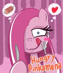 Size: 1774x2048 | Tagged: safe, artist:garammasara, derpibooru import, pinkie pie, pony, hoof hold, hungry, pinkamena diane pie, ponies wanting to eat meat, tongue out