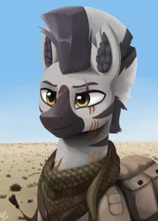 Size: 822x1147 | Tagged: artist:printik, clothes, derpibooru import, desert, ear fluff, equestria at war mod, oc, oc:ahrim, safe, scar, scarf, zebra