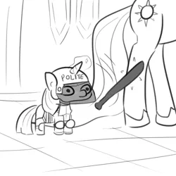 Size: 1080x1080 | Tagged: safe, artist:tjpones, derpibooru import, princess celestia, twilight sparkle, alicorn, pony, unicorn, baseball bat, female, helmet, magic, mare, monochrome, police, police brutality, polite, telekinesis, twiggie, unicorn twilight, vibe check