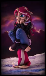 Size: 3840x6400 | Tagged: safe, artist:imafutureguitarhero, derpibooru import, sunset shimmer, anthro, unguligrade anthro, unicorn, 3d, :i, absurd file size, absurd resolution, boots, border, bored, chromatic aberration, clothes, cloud, colored eyebrows, colored eyelashes, crossed legs, cute, female, film grain, floppy ears, hands on cheeks, hands on head, hoodie, horn, jacket, jeans, leather, leather boots, leather jacket, long hair, long mane, mare, multicolored hair, multicolored mane, multicolored tail, nose wrinkle, outdoors, pants, prehensile tail, revamped anthros, revamped ponies, scrunchy face, shimmerbetes, shoes, signature, solo, source filmmaker, tail stand, vertical
