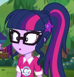 Size: 644x667 | Tagged: safe, derpibooru import, screencap, sci-twi, twilight sparkle, equestria girls, equestria girls series, the road less scheduled, spoiler:eqg series (season 2), cropped, female, geode of telekinesis, glasses, magical geodes, music festival outfit, ponytail, shrunken pupils, solo