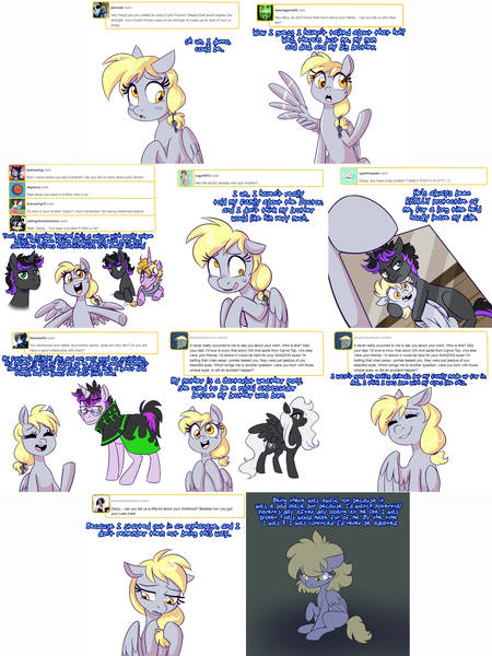 Size: 2254x3006 | Tagged: safe, artist:jitterbugjive, derpibooru import, derpy hooves, oc, oc:aurora, oc:pierce, oc:warden, pegasus, pony, unicorn, lovestruck derpy, cloak, clothes, colt, female, hug, male, mare, photo, stallion