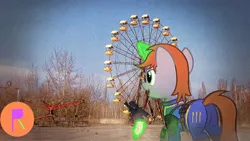 Size: 1192x670 | Tagged: safe, artist:indonesiarailroadpht, derpibooru import, editor:relapse11, oc, oc:littlepip, unofficial characters only, pony, unicorn, fallout equestria, fanfic, butt, chernobyl, clothes, fanfic art, female, ferris wheel, glowing horn, gun, handgun, hooves, horn, irl, levitation, little macintosh, magic, mare, open mouth, optical sight, photo, pipbuck, plot, pripyat, revolver, scope, solo, telekinesis, ukraine, vault suit, weapon