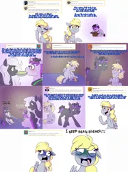 Size: 2254x3006 | Tagged: safe, artist:jitterbugjive, derpibooru import, derpy hooves, oc, oc:aurora, oc:pierce, oc:warden, pegasus, pony, rat, unicorn, lovestruck derpy, faic, female, filly, food, key, male, mare, mouth hold, pie, stallion, toy