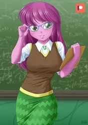 Size: 707x1000 | Tagged: safe, artist:uotapo, derpibooru import, cheerilee, equestria girls, blushing, breasts, busty cheerilee, chalkboard, cheeribetes, classroom, clipboard, cute, eyelashes, female, freckles, glasses, hot for teacher, lips, long hair, looking at you, meganekko, patreon, patreon logo, smiling, solo, sweater vest, teacher