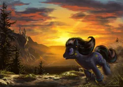 Size: 2000x1413 | Tagged: artist:huussii, blitztavia, bracelet, canterlot, derpibooru import, fusion, grin, jewelry, male, octavia melody, rule 63, running, safe, scenery, smiling, solo, stallion, sunset, tree, vinyl scratch