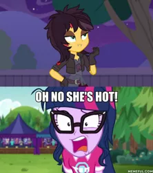 Size: 600x675 | Tagged: safe, derpibooru import, edit, edited screencap, screencap, sci-twi, sunset shimmer, twilight sparkle, costume conundrum, equestria girls, equestria girls series, the road less scheduled, spoiler:choose your own ending (season 2), spoiler:eqg series (season 2), caption, female, image macro, lesbian, oh no he's hot, scitwishimmer, shipping, shrunken pupils, spongebob squarepants, squilliam returns, sunsetsparkle, text, vampire shimmer