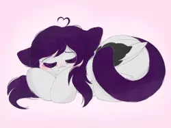 Size: 1034x773 | Tagged: artist:adostume, behaving like a cat, blushing, cat, cat ears, cat tail, curled up, cute, derpibooru import, eyes closed, oc, oc:cinnamon twist, safe, simple background, sleeping, sleepy, solo