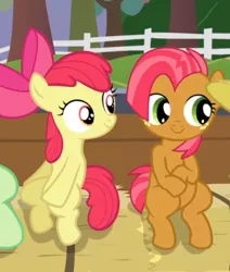 Size: 530x626 | Tagged: safe, derpibooru import, screencap, apple bloom, babs seed, earth pony, pony, apple family reunion, adorababs, adorabloom, bow, cousins, cropped, cute, duo, female, filly, hair bow, hay bale, sitting, smiling