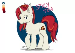Size: 1000x707 | Tagged: safe, artist:shyinka, derpibooru import, oc, oc:spicy tea, pony, unicorn, blue eyes, cake, color palette, color scheme, colored, design, design a pony, eyebrow piercing, flat colors, food, original character do not steal, piercing, red mane, red velvet cake, sketch, sketchy, spicy tea, standing, toy