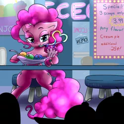 Size: 2000x2000 | Tagged: safe, alternate version, artist:furnut5158, derpibooru import, pinkie pie, earth pony, pony, bedroom eyes, bendy straw, both cutie marks, crazy straw, drink, drinking, drinking straw, featureless crotch, female, food, hooves, ice cream, mare, neon, restaurant, sign, sitting, solo, table