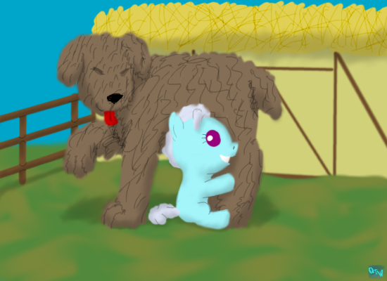 Size: 550x400 | Tagged: safe, artist:quint-t-w, derpibooru import, screw loose, dog, earth pony, pony, female, fence, filly, foal, house, hug, old art, tongue out