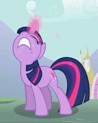 Size: 751x938 | Tagged: safe, derpibooru import, screencap, twilight sparkle, pony, unicorn, magic duel, cropped, glowing horn, horn, invisible stallion, nose in the air, solo, struggling, sweat, teeth, unicorn twilight