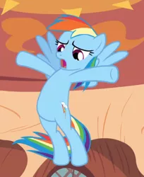 Size: 656x802 | Tagged: safe, derpibooru import, screencap, rainbow dash, pegasus, pony, magic duel, belly, cropped, female, flying, golden oaks library, mare, open mouth, solo, spread hooves, spread wings, underhoof, wings