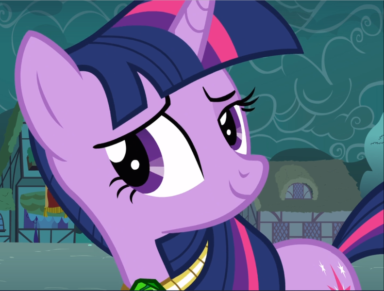 Size: 1240x940 | Tagged: safe, derpibooru import, screencap, twilight sparkle, pony, unicorn, magic duel, amulet, confident, cropped, jewelry, looking at you, raised eyebrow, smuglight sparkle, solo, unicorn twilight