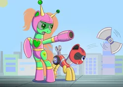 Size: 1063x752 | Tagged: safe, artist:trackheadtherobopony, derpibooru import, oc, oc:goldheart, oc:trackhead, pony, robot, robot pony, arm cannon, blade