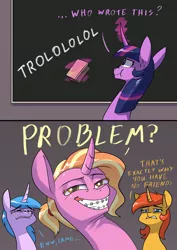 Size: 2480x3508 | Tagged: safe, artist:underpable, derpibooru import, luster dawn, princess twilight 2.0, twilight sparkle, twilight sparkle (alicorn), alicorn, pony, unicorn, the last problem, braces, dead meme, high res, meme, problem, sweat, troll, trollface, trolling, trololol