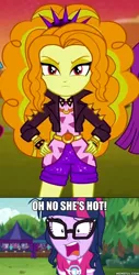 Size: 600x1185 | Tagged: safe, derpibooru import, adagio dazzle, sci-twi, twilight sparkle, equestria girls, equestria girls series, sunset's backstage pass!, the road less scheduled, spoiler:eqg series (season 2), adagilight, captions, clothes, female, jacket, lesbian, music festival outfit, oh no he's hot, sci-twidagio, shipping, spongebob squarepants