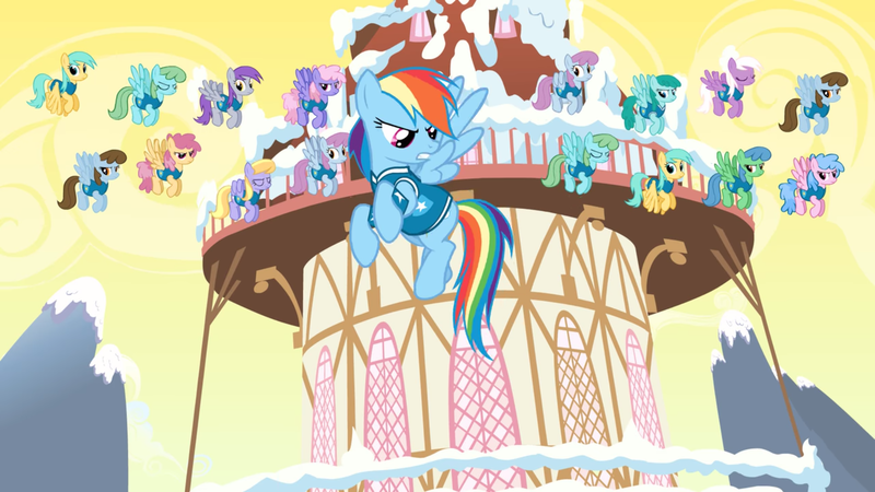 Size: 2880x1620 | Tagged: safe, derpibooru import, screencap, candy floss (character), chocolate blueberry, cloud kicker, cloud showers, dizzy twister, flutter doo, grape soda, orange swirl, rainbow dash, rainbowshine, spring melody, sprinkle medley, sunshower raindrops, unnamed character, unnamed pony, wind chill, pegasus, pony, winter wrap up, angry, background pony, blue emerald, clones, clothes, female, flying, mare, multeity, ponyville, ponyville town hall, snow, unbrella drops, weather team, winter wrap up vest