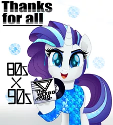 Size: 2500x2777 | Tagged: safe, artist:theretroart88, derpibooru import, rarity, pony, unicorn, 80s, alternate hair color, clothes, ear piercing, hoof hold, looking at you, piercing, record, sequins, solo