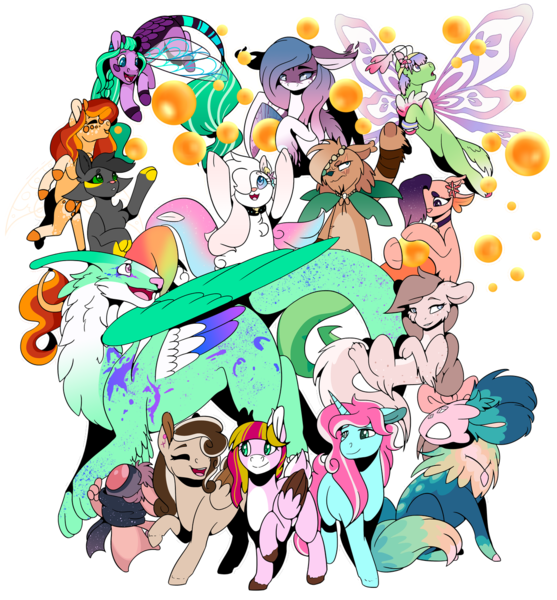 Size: 1280x1379 | Tagged: safe, artist:sketchthebluepegasus, derpibooru import, oc, oc:berry blossom, oc:dragonlily, oc:meadow, oc:minty skates, oc:nebula, oc:ridley, unofficial characters only, original species, pegasus, pony, skimmer, unicorn, female, mare