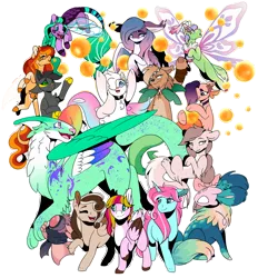 Size: 1280x1379 | Tagged: safe, artist:sketchthebluepegasus, derpibooru import, oc, oc:berry blossom, oc:dragonlily, oc:meadow, oc:minty skates, oc:nebula, oc:ridley, unofficial characters only, original species, pegasus, pony, skimmer, unicorn, female, mare